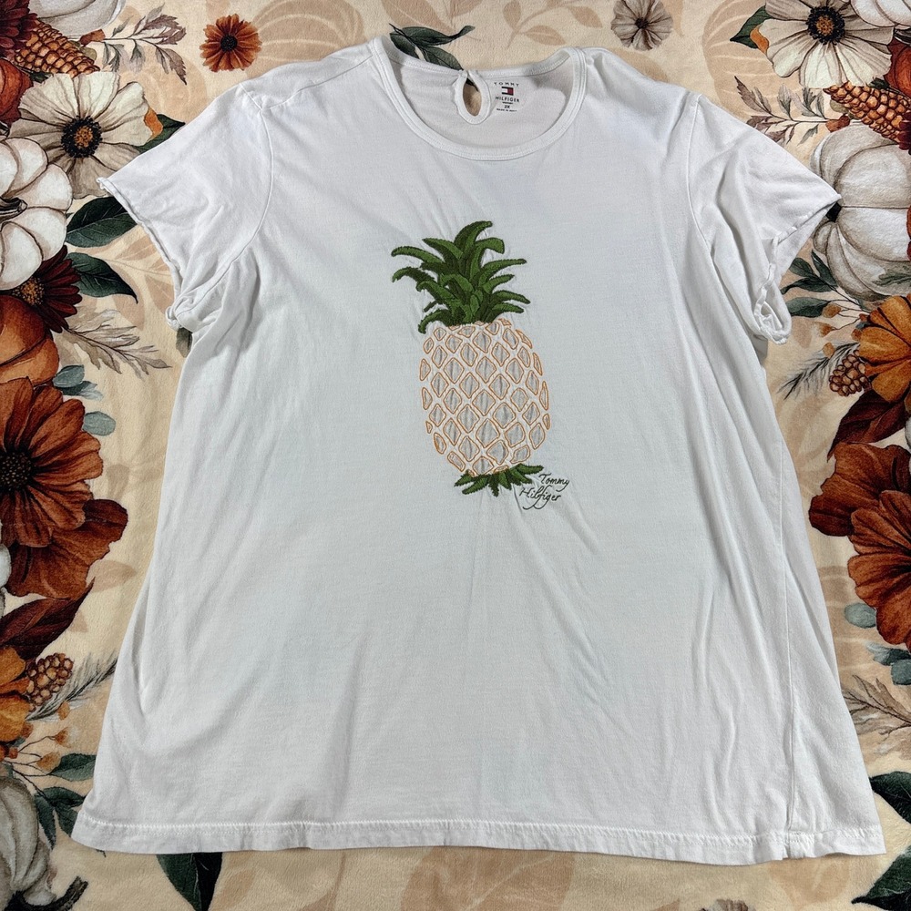 Y2K Tommy Hilfiger Womens Tee Pineapple Embroidered Keyhole Cotton White Size 2X